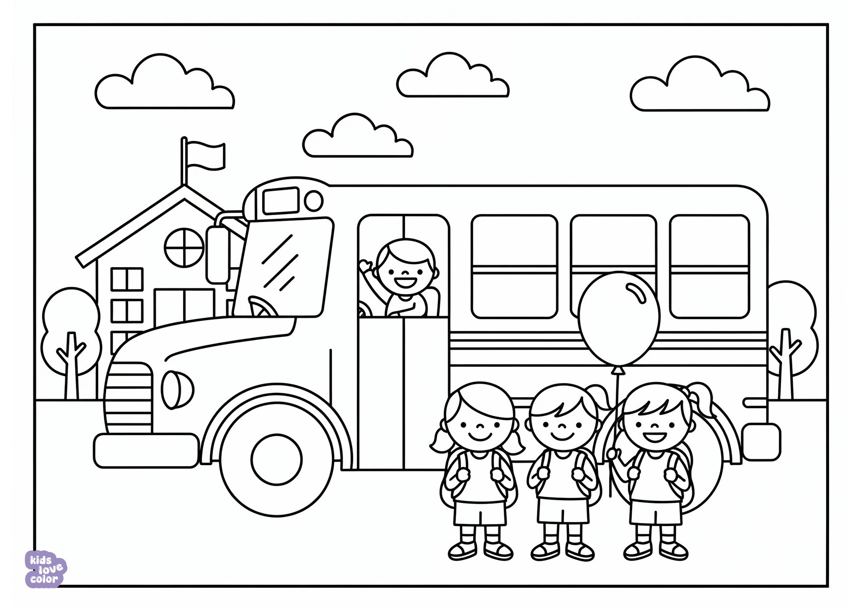 Gratis kleurplaat gele schoolbus die kinderen ophaalt op de eerste schooldag – kinderen