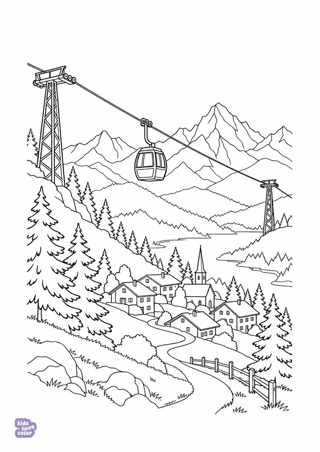 Kabelbaangondel aan een kabel tussen twee masten boven een bergdorp.