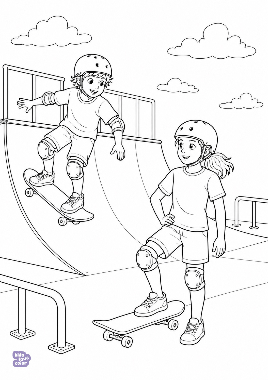 Kleurplaat van twee kinderen met skateboards en beschermers op een skatebaan
