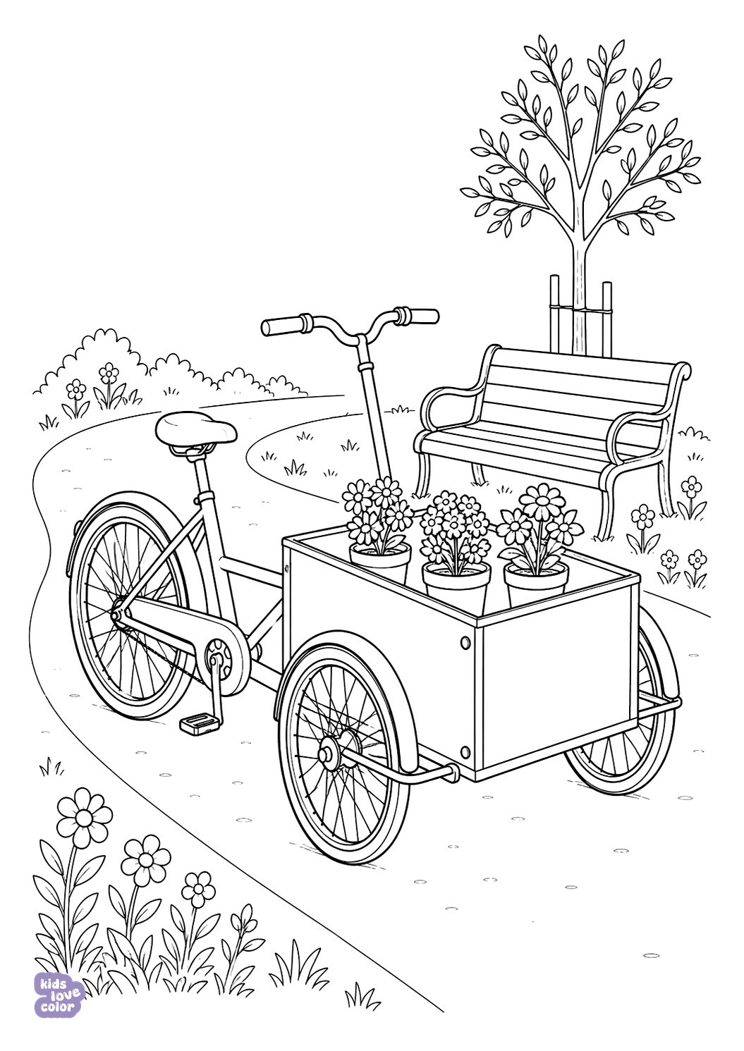 Kleurplaat van een mechanisch logische driewielige bakfiets met bloemen in een stadspark