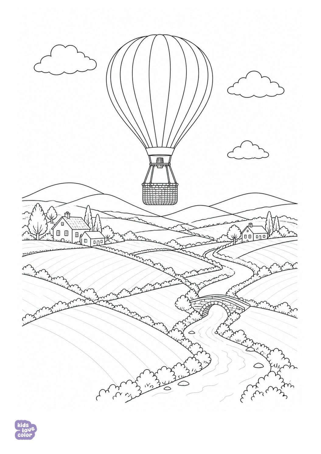 Kleurplaat van één luchtballon boven lappendekenvelden en een rivier met een stenen brug