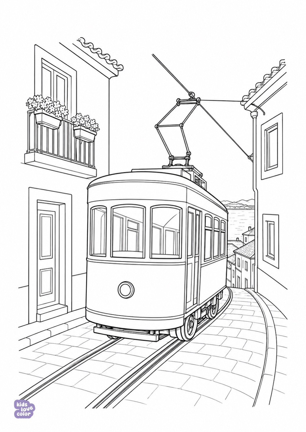 Kleurplaat van één klassieke tram die via rails en bovenleiding door een steile straat in Lissabon rijdt