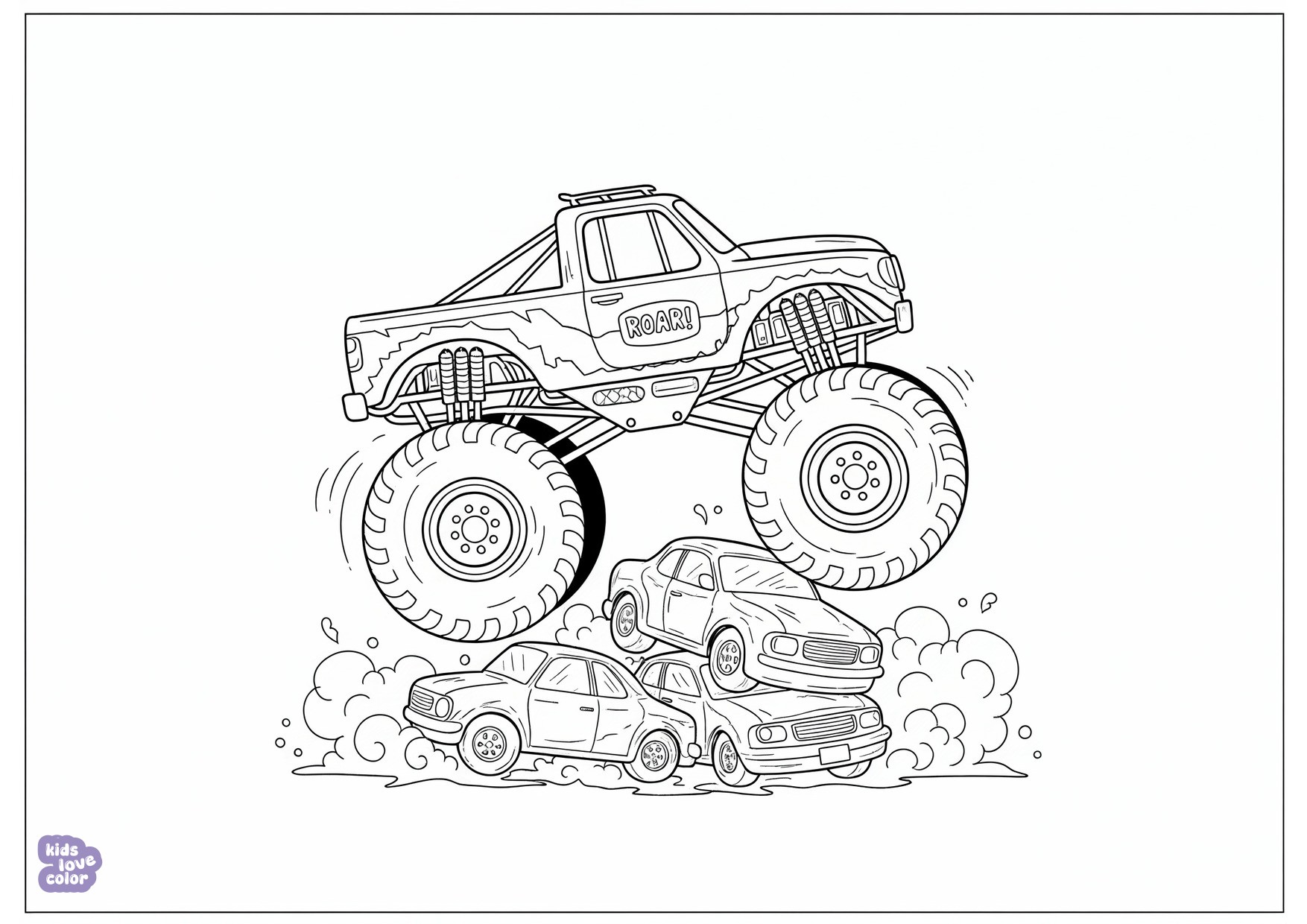 Gratis kleurplaat monstertruck die over auto's springt – kinderen