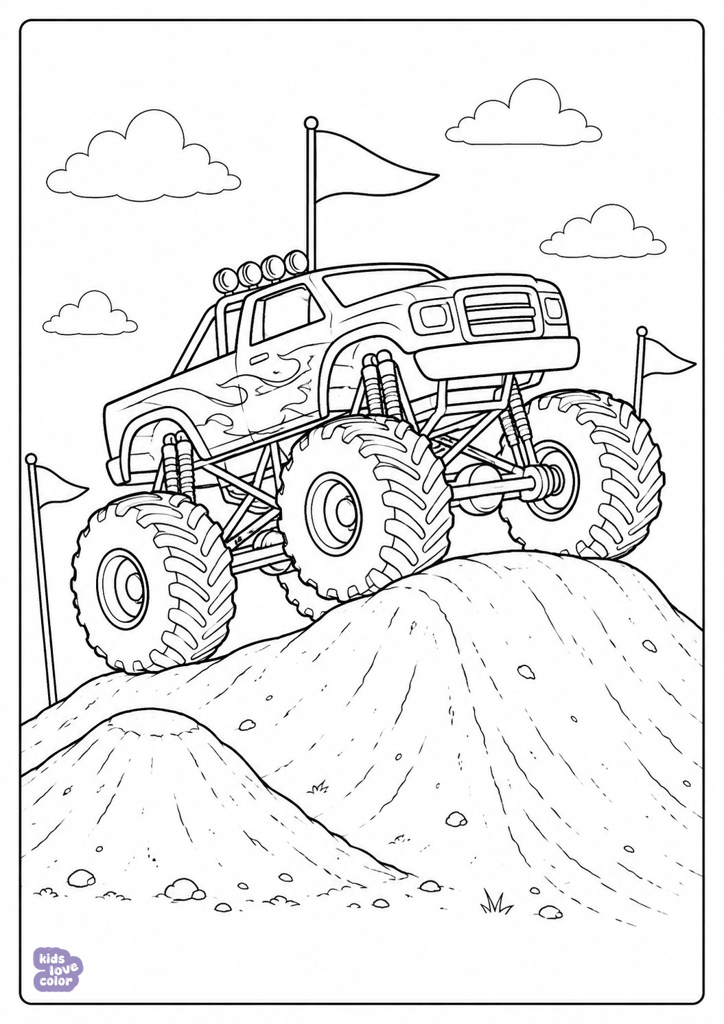 Gratis kleurplaat van een monstertruck die over een zandheuvel springt