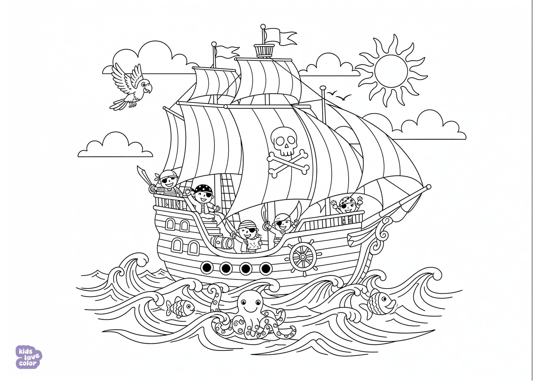 Gratis kleurplaat piratenschip varend op oceaangolven – kinderen