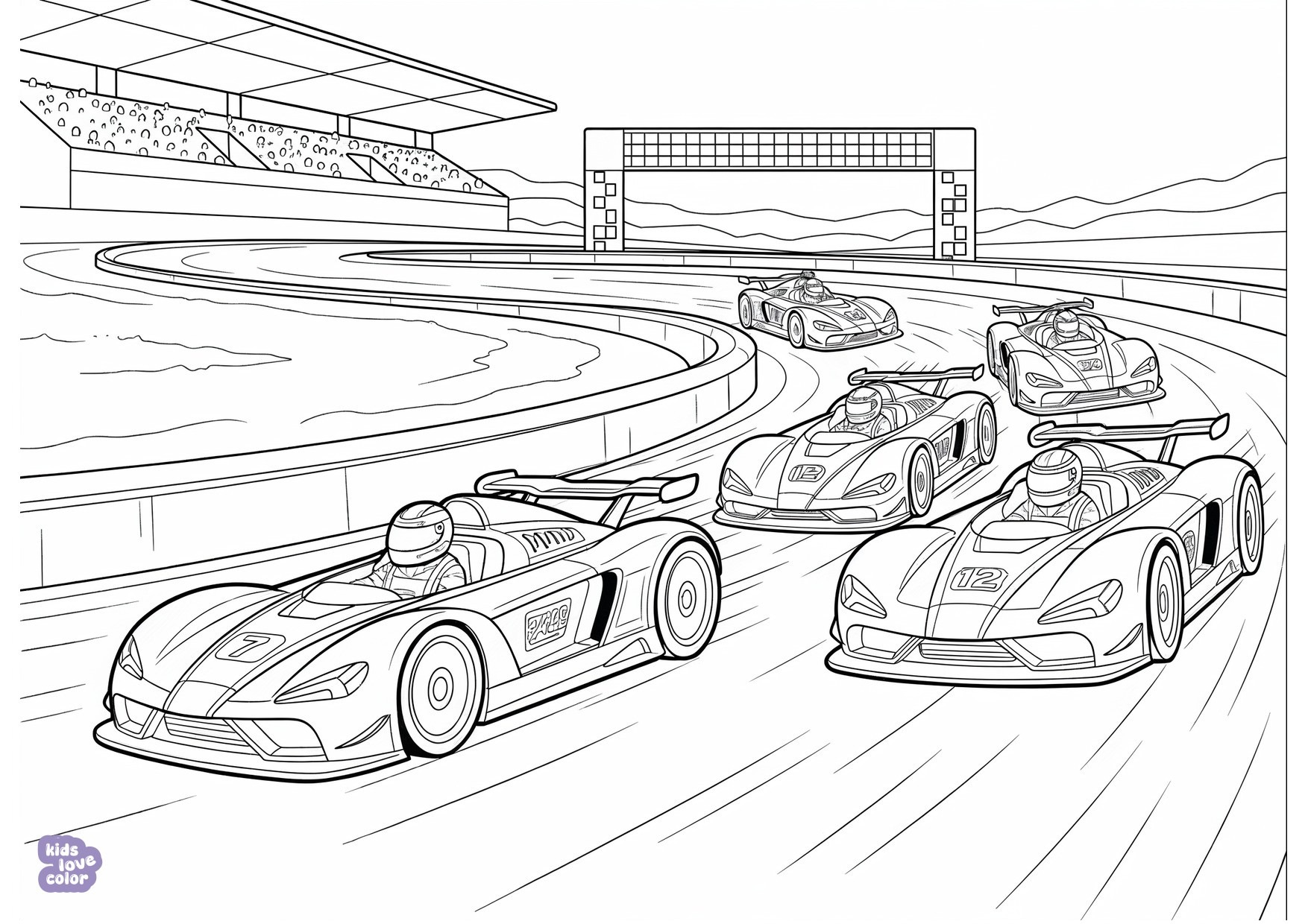 Gratis kleurplaat raceauto's die wedstrijd rijden op een circuit – kinderen