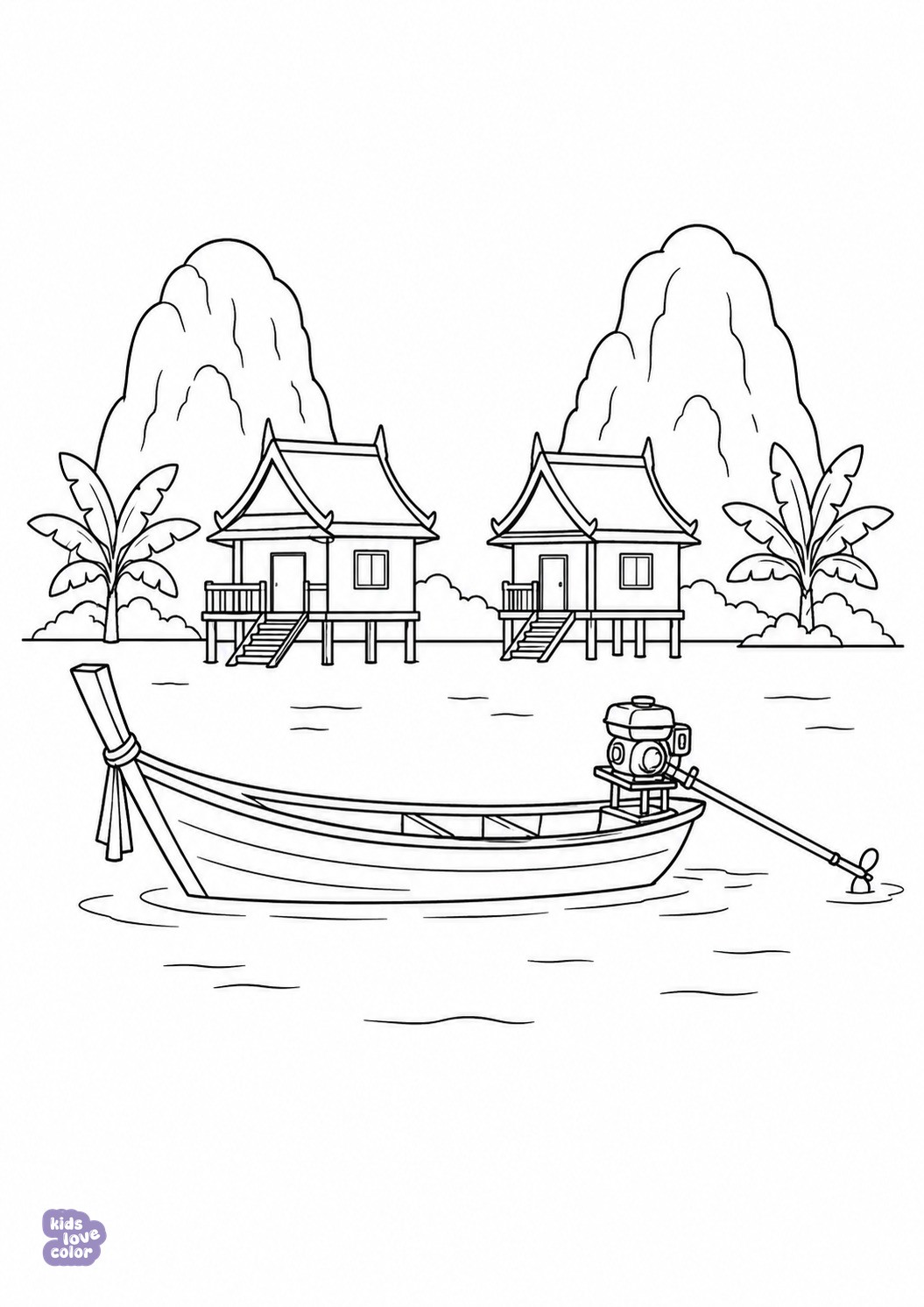 Gratis kleurplaat van een Thaise longtailboot bij twee paalwoningen