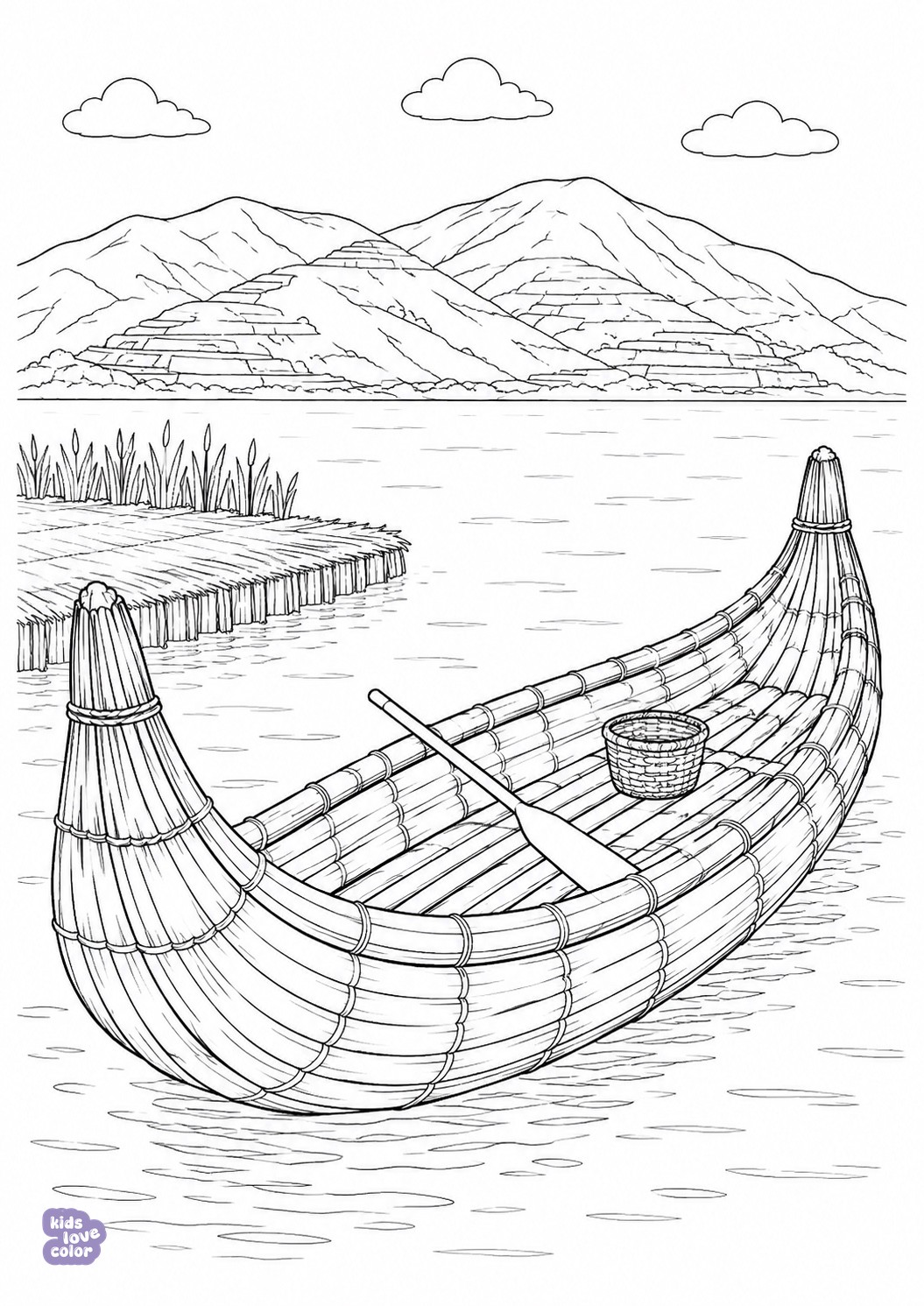 Kleurplaat van een traditionele totorarietboot met opstaande punten, peddel en mand op het Titicacameer